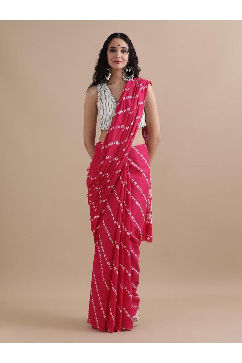 Pink Leheriya Print Cotton Saree with Lahariya Tie N Dye