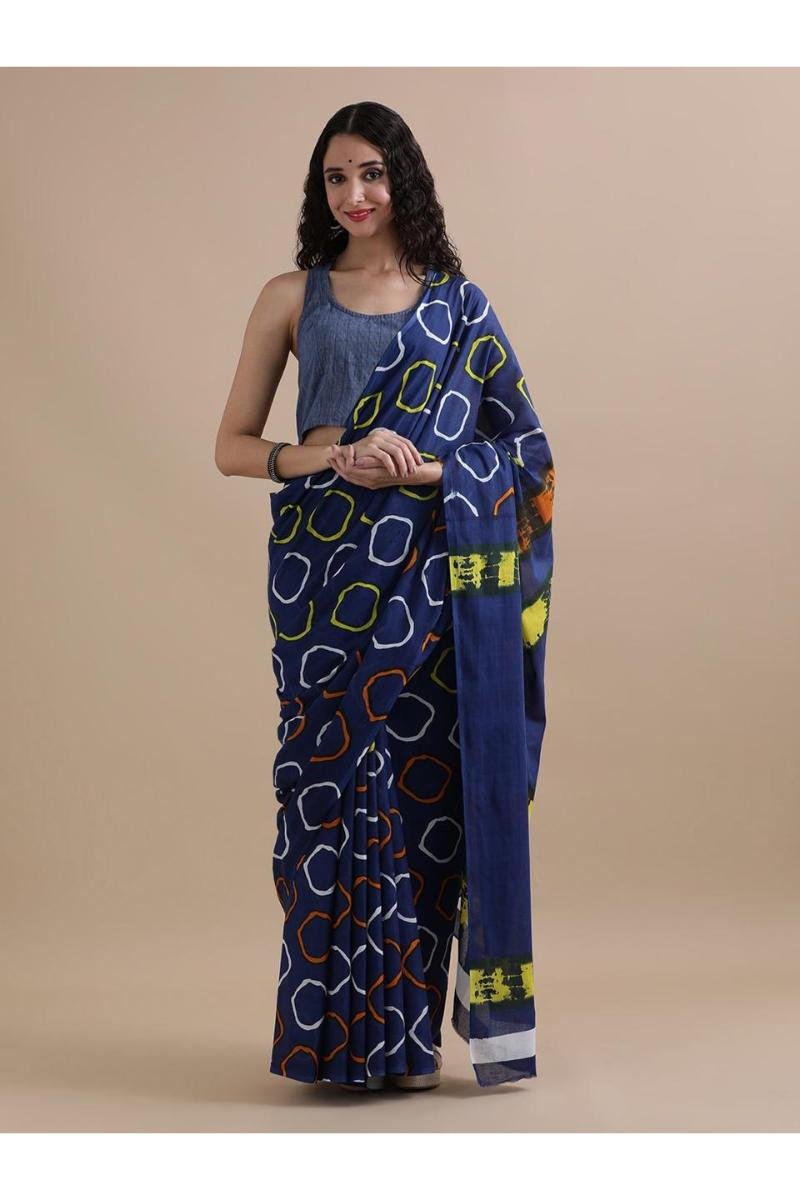 Deep Blue Mul Mul Soft Cotton Saree with Circle Motif Tie N Dye