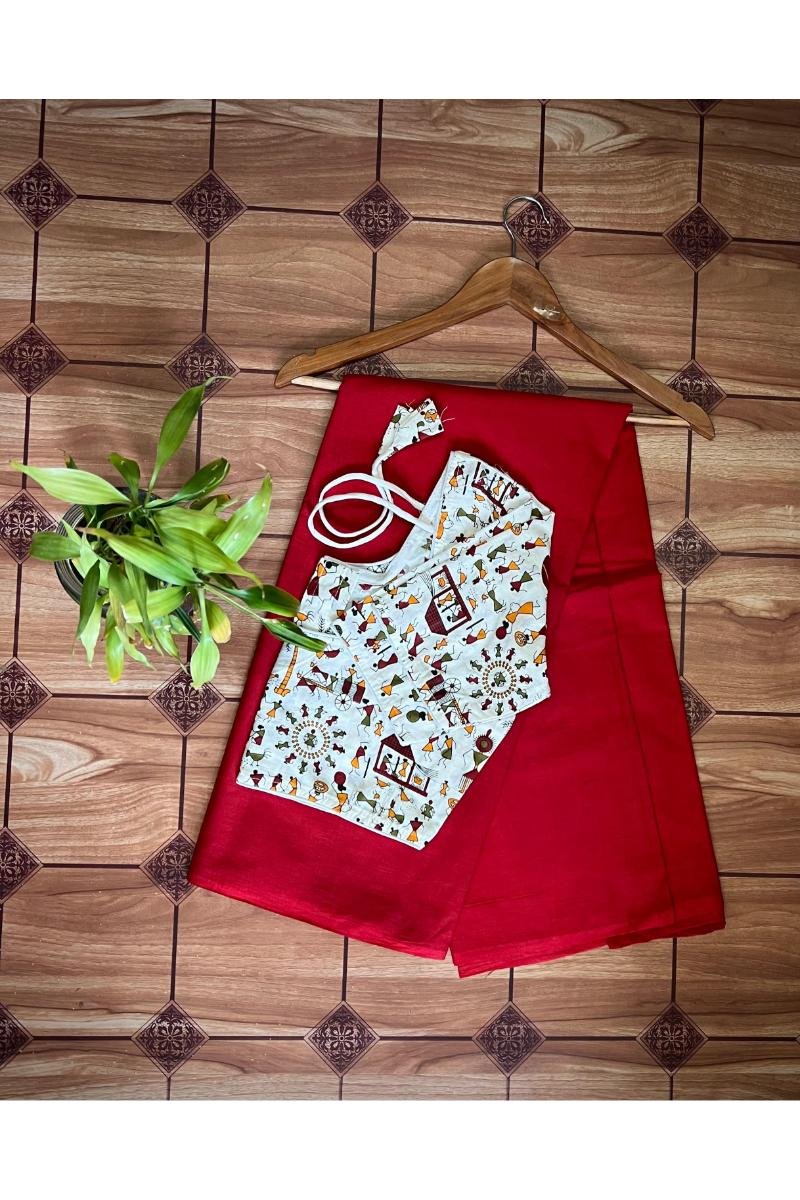 Dark Red Mul cotton sarees with With Kalamkari Blouse Plain Dyed