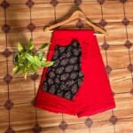 Red Mul cotton sarees with With Ajrakh Blouse Plain Dyed