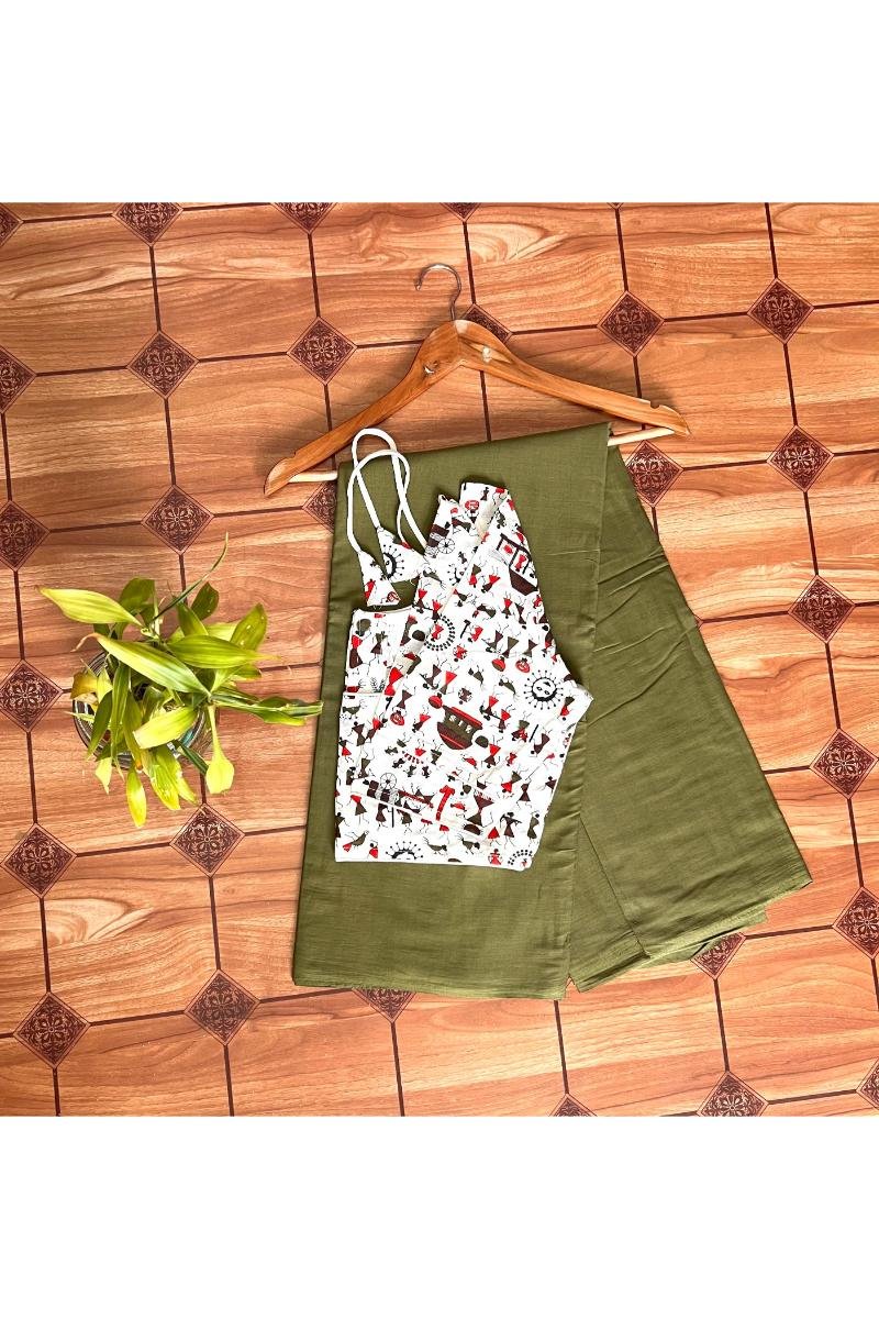 Green Mul cotton sarees with With Kalamkari Blouse Plain Dyed