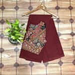 Maroon Mul cotton sarees with With Ajrakh Blouse Plain Dyed
