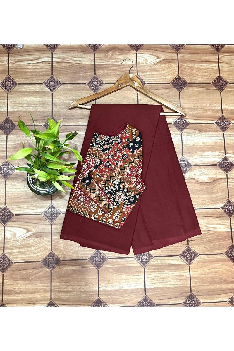 Maroon Mul cotton sarees with With Ajrakh Blouse Plain Dyed