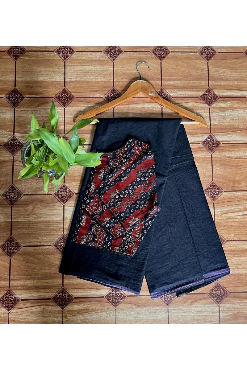 Balack Mul cotton sarees with With Ajrakh Blouse Plain Dyed
