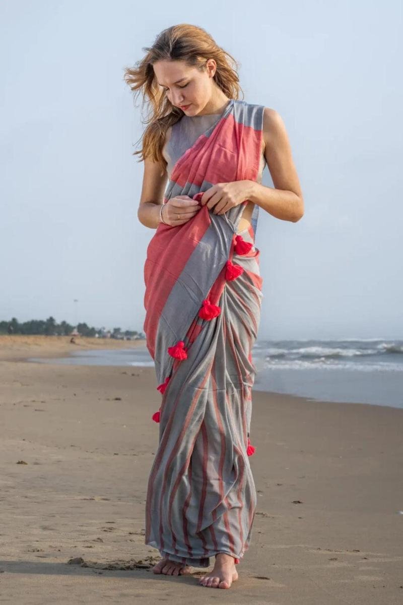 Multi Color Soft Khadi Sarees with Striped Woven design