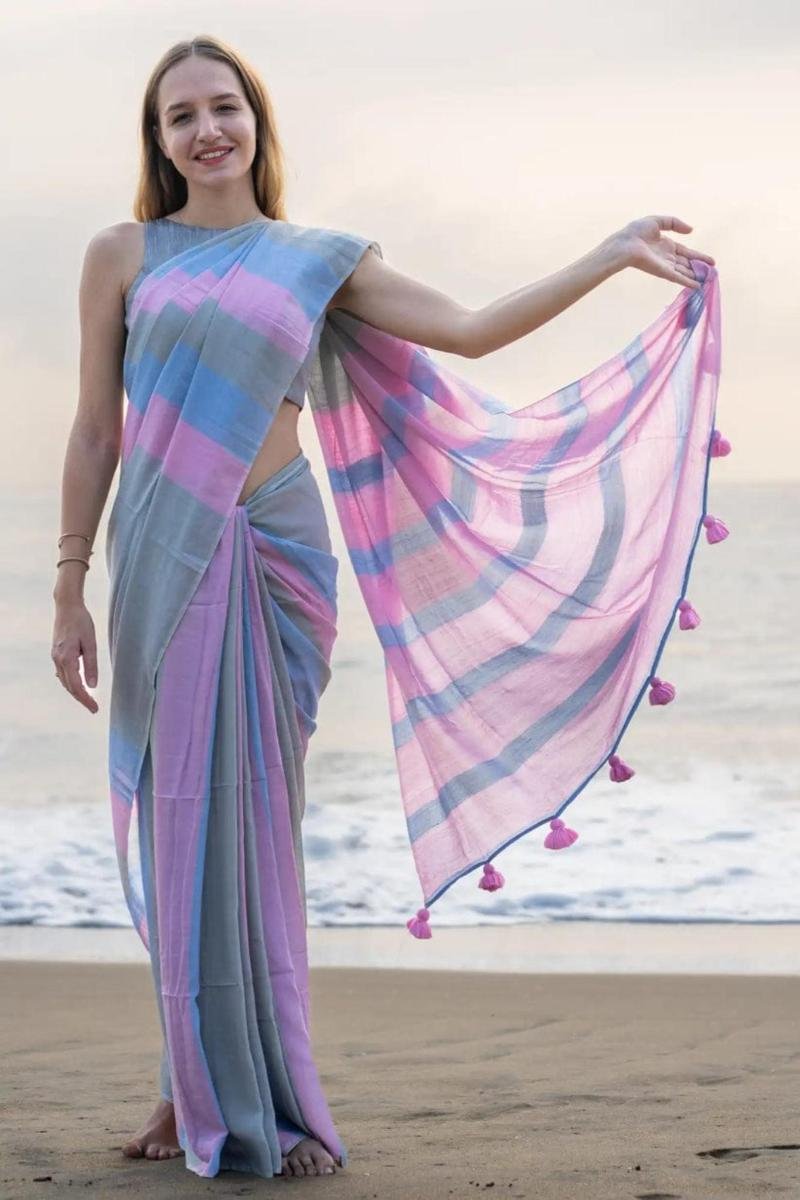 Multi Color Rainbow Colour Saree with rainbow strips Woven design