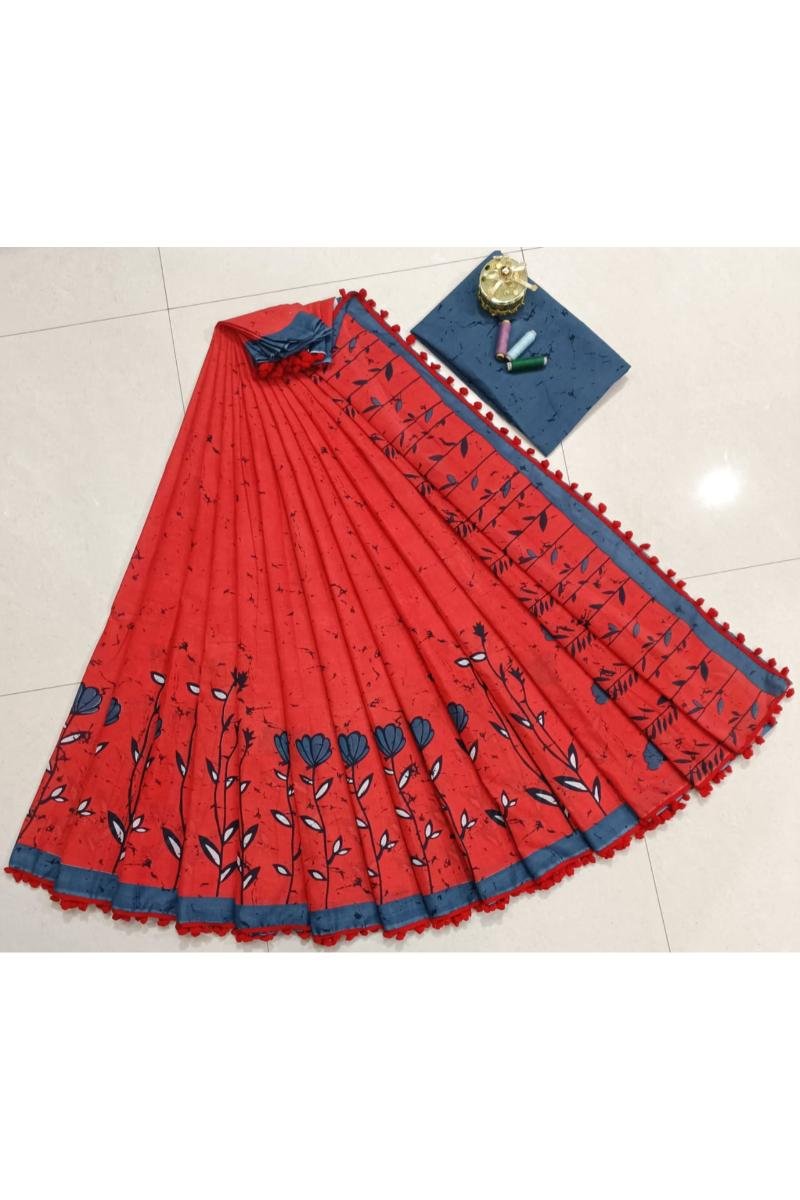 Red Mul Cotton Pompom Saree with Floral Hand Block