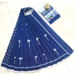 Navy Cotton Pompom Lace Saree with Floral Jaipuri Print
