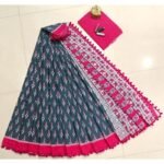 Navy Mulmul Cotton Saree With Tassels with Floral Jaipuri Print