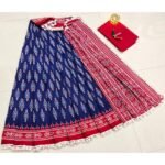 Navy Pompom Border Saree with Diamond Jaipuri Print