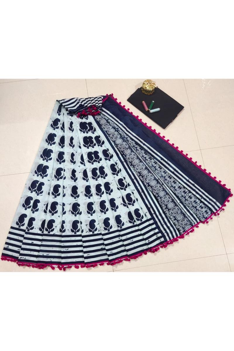 White Pompom Border Saree with Floral Jaipuri Print