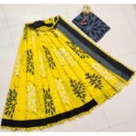 Yellow Pom Pom Border Saree with Leaf Prosin Print