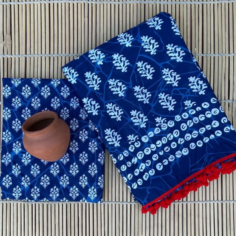 Navy Mulmul Cotton Saree With Pom Pom with Floral Prosin Print