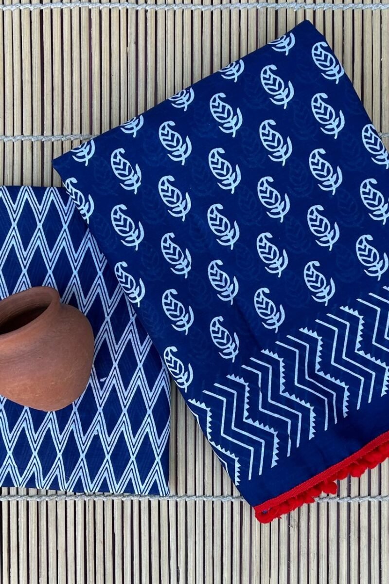 Navy Pompom Border Saree with Leaf Prosin Print