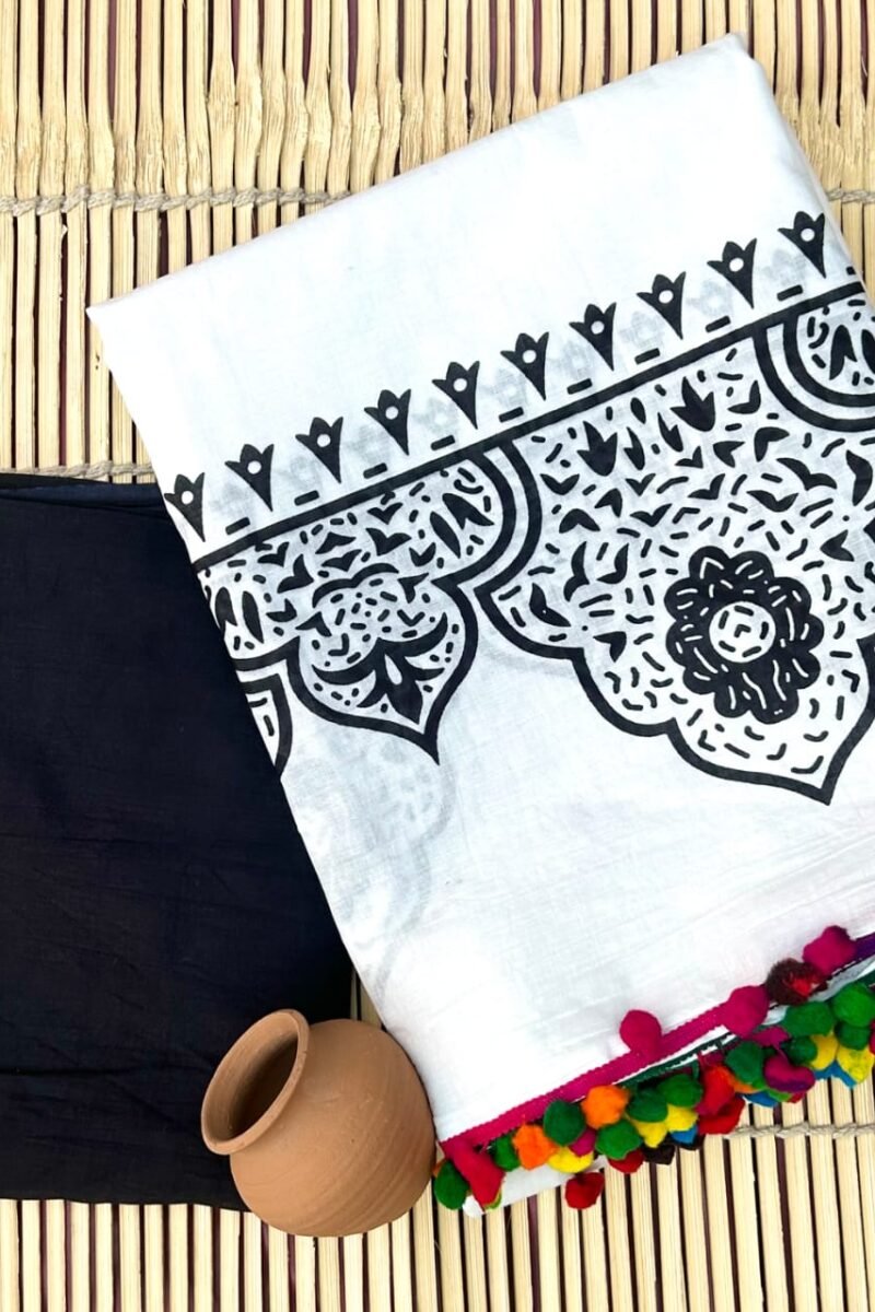 White Mul Mul Cotton Sarees With Pom Pom Online with Mandala Screen Print