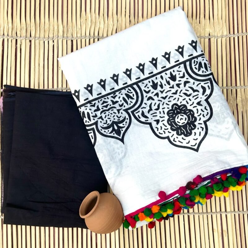 White Mul Mul Cotton Sarees With Pom Pom Online with Mandala Screen Print