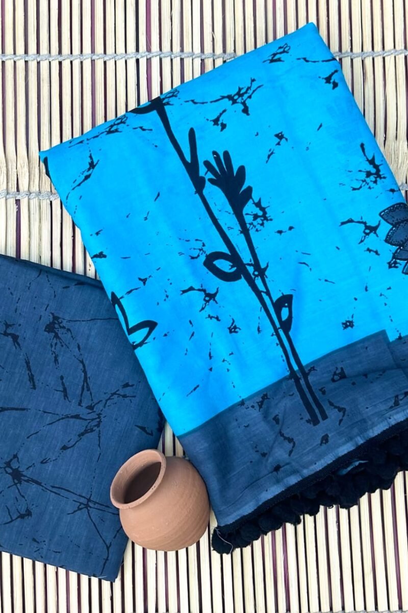 Cyan Mal Cotton Sarees with Botanical Screen Print