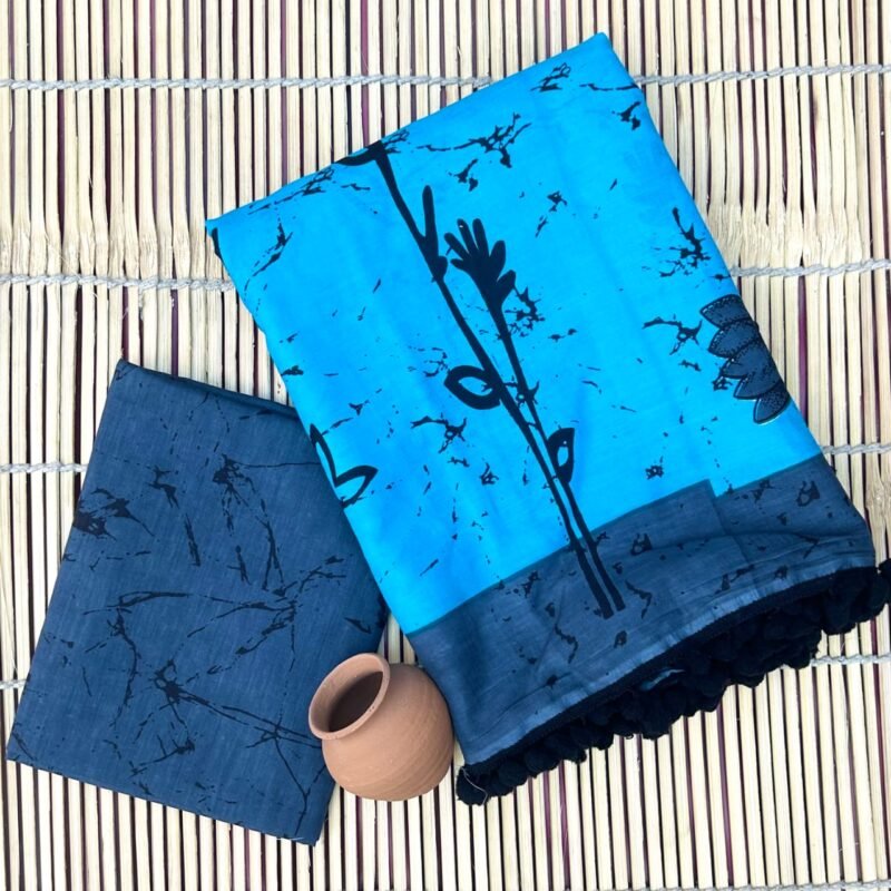 Cyan Mal Cotton Sarees with Botanical Screen Print