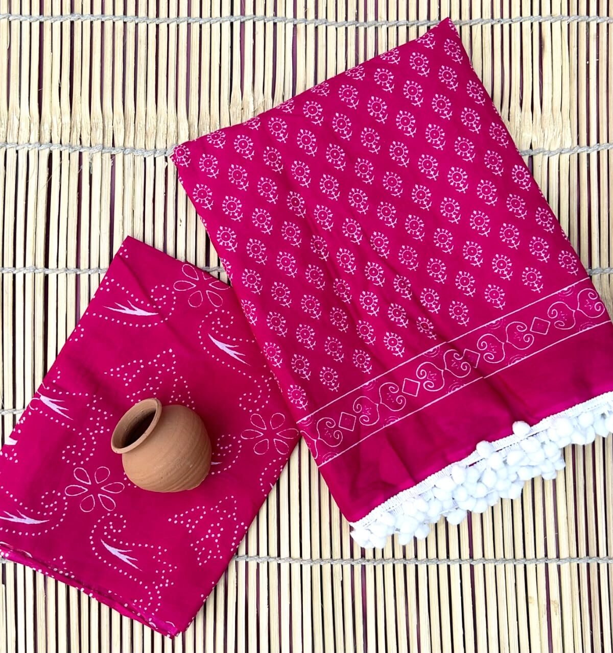 Magenta Pompom Saree with Geometric Screen Print