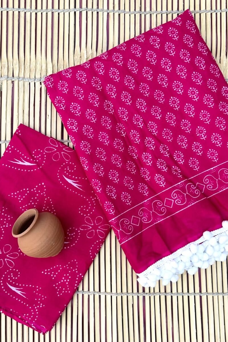 Magenta Pompom Saree with Geometric Screen Print