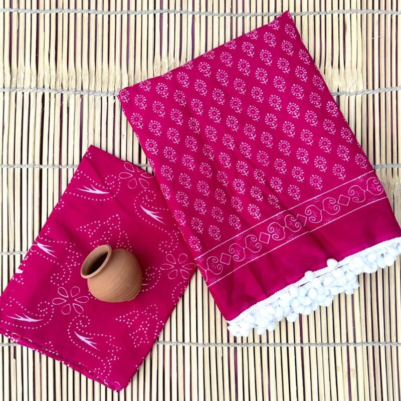 Magenta Pompom Saree with Geometric Screen Print