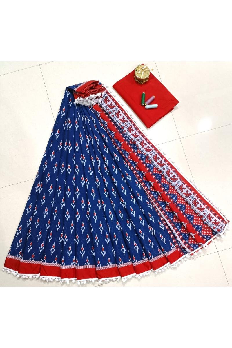 Navy Pompom Saree with Floral Hand Block