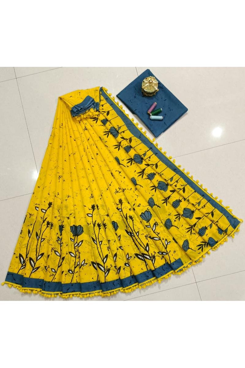 Yellow Pompom Saree Border with Floral Hand Block