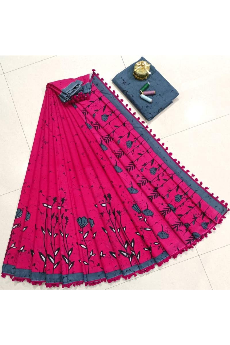 Pink Mul Cotton Pompom Saree with Floral Hand Block