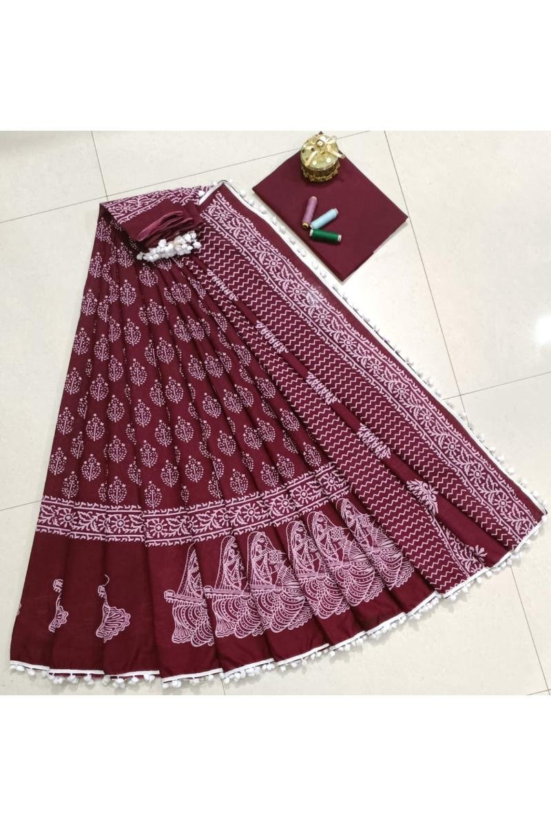 Maroon Cotton Pompom Lace Saree with Floral Sanganeri Print