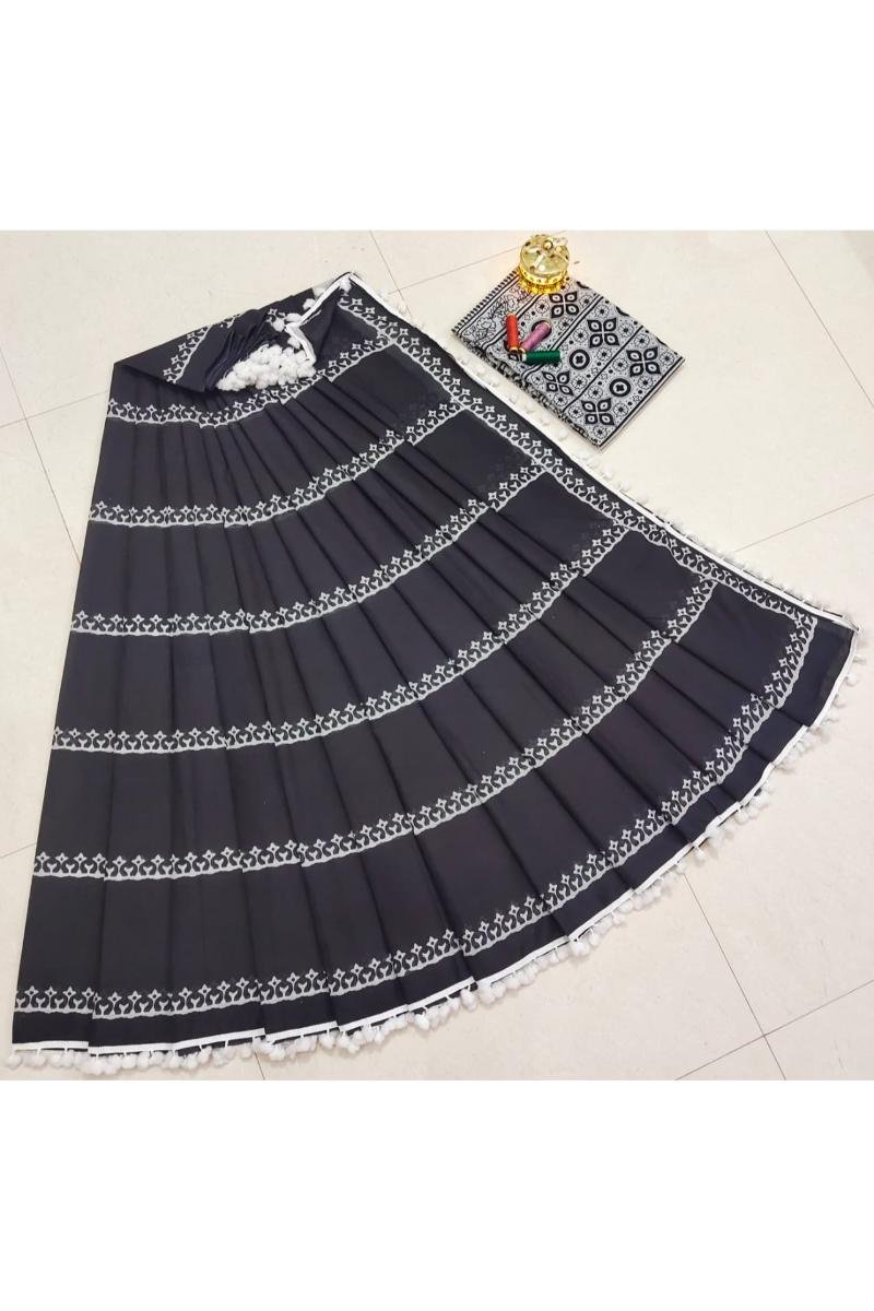 Black Jaipuri Cotton Mulmul Saree with Striped Sanganeri Print