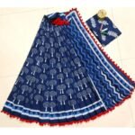 Navy Mul Cotton Pompom Saree with Floral Sanganeri Print