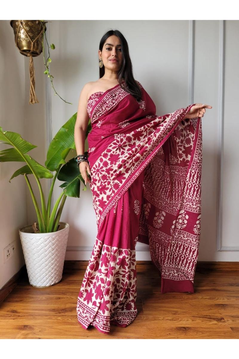 Maroon Dabu Print Mul Cotton Saree with Floral Dabu Print