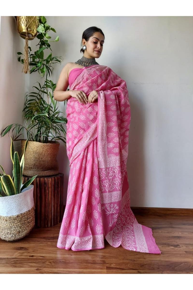 Pink Best Mul Cotton Sarees with Floral Discharge Print