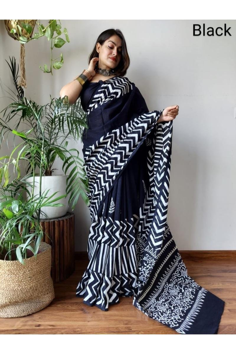 Black Black Cotton Mul Saree with Geometric Block Print