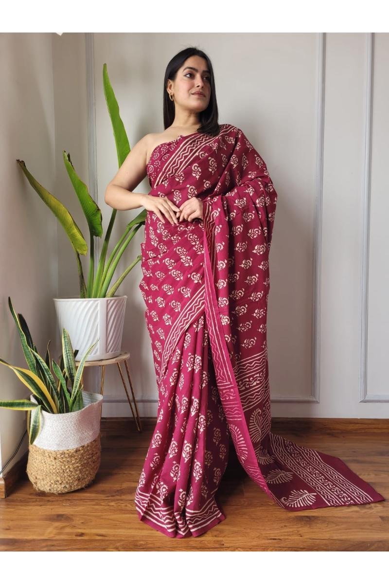 Maroon Mul Mul Soft Cotton Saree with Floral Discharge Print