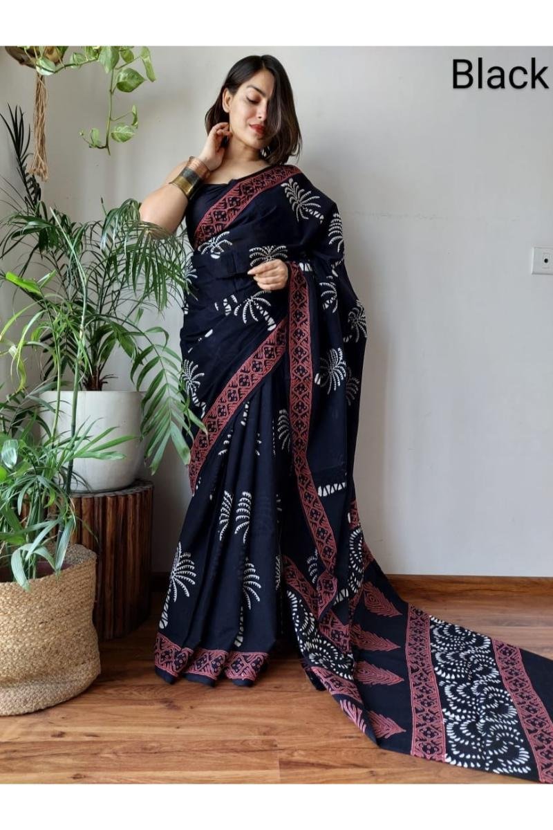 Black Hand Block Print Saree with Floral Block Print