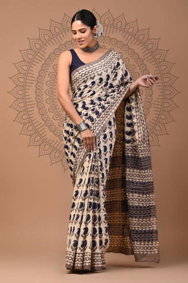 Cream Hand Block Bagru Print Saree with Mango Design Bagru Print