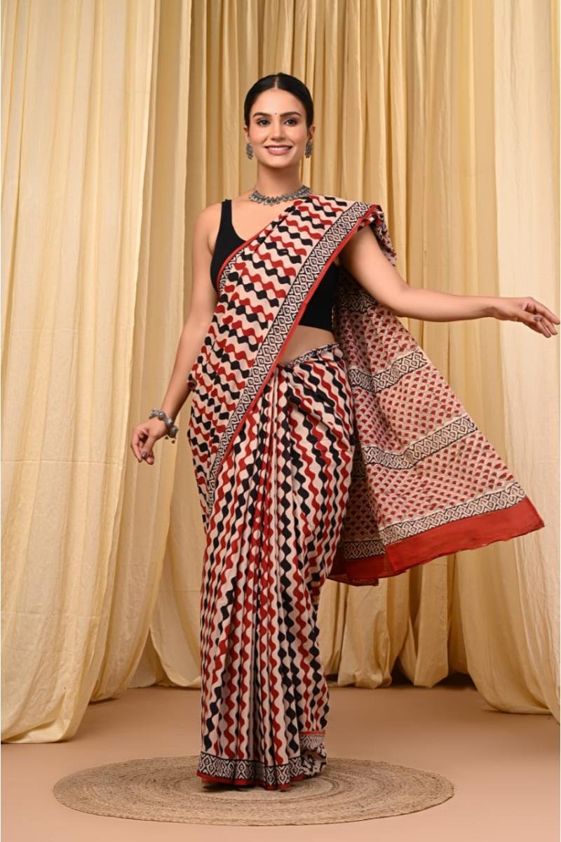 Red Zig Zag Mul Cotton Saree with Geometric bagru Print