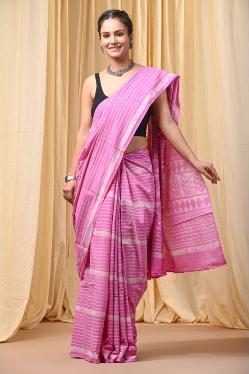 Pink Pink Dabu Mul Cotton Saree with Striped Dabu Print