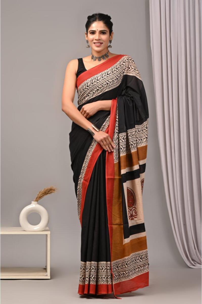 Black Office Wear Mul Cotton Saree with Geometric Bagru Print