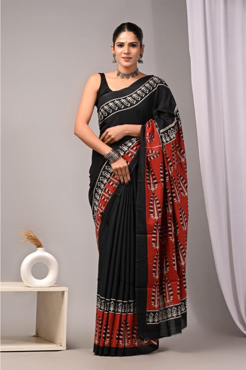 Black Bagru Print Soft Mulmul Saree with Geometric Bagru Print