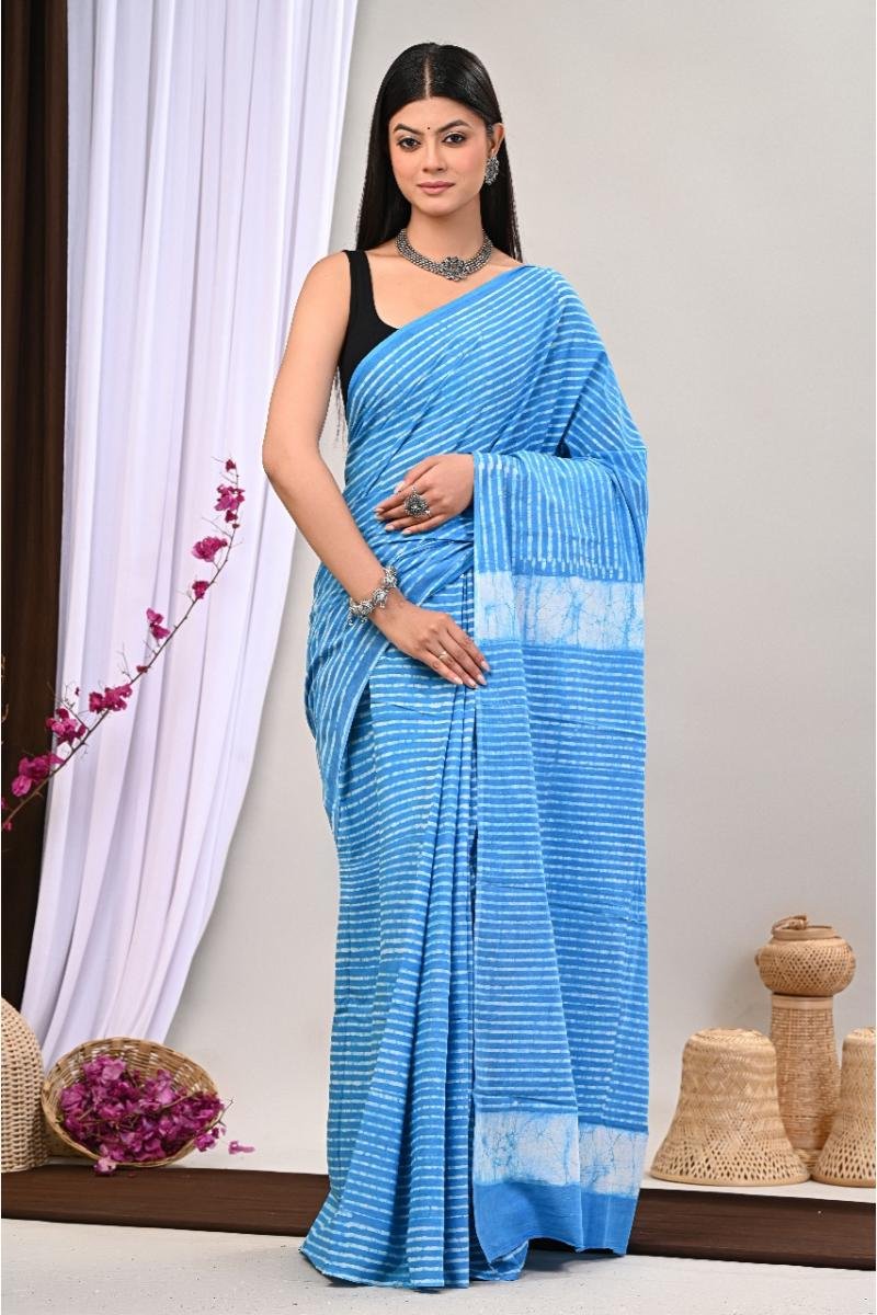 Blue Dabu Cotton Mulmul Saree with Striped Horizontal Print