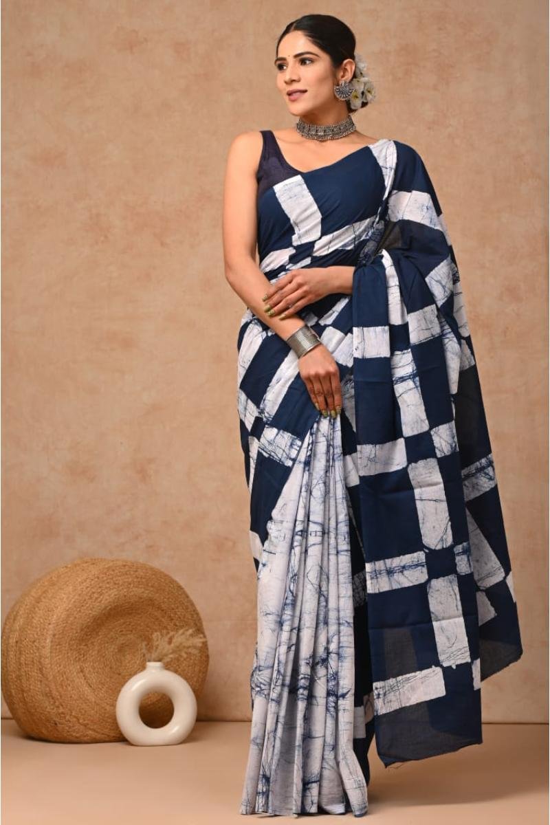 Navy Check Mul Cotton Saree with Checkered Batik Print