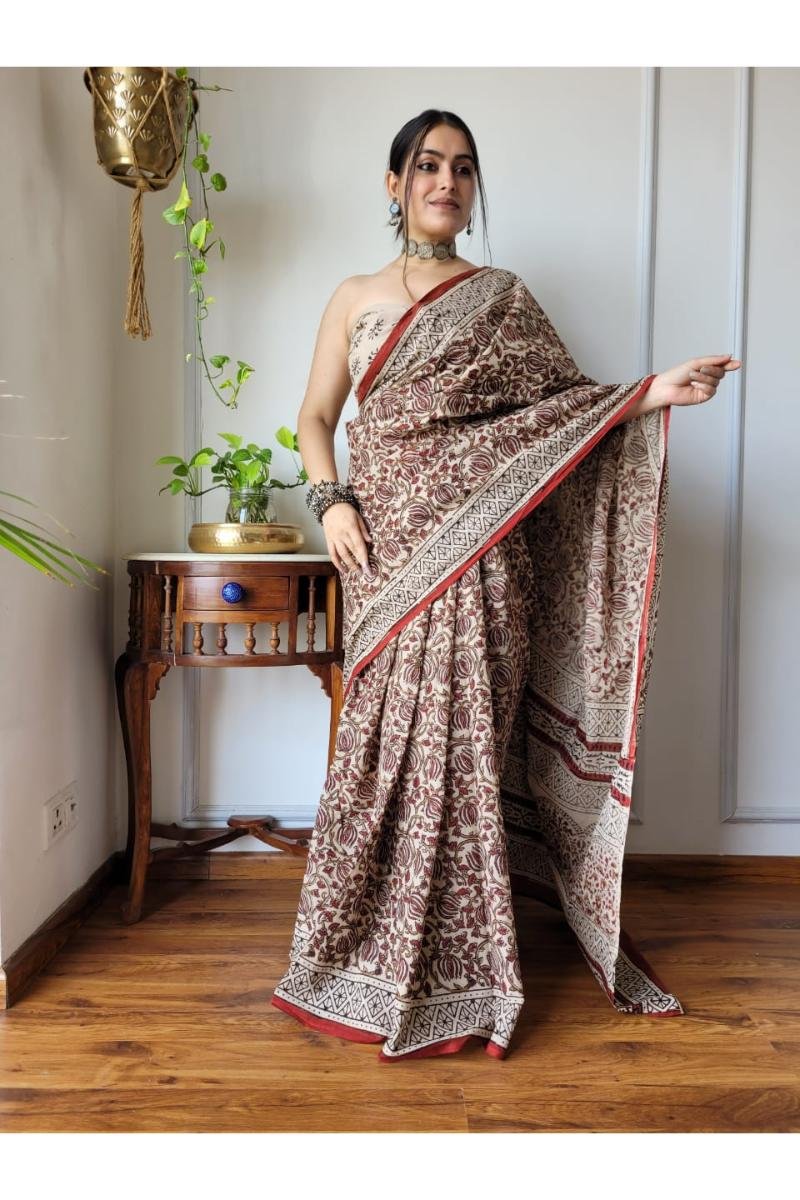 Brown Bagru Kalamkari Mul Cotton Saree with Floral Jaal Kalamkari Print