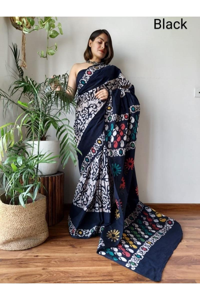 Multi Color Multicolor Mul Cotton Saree with Floral Motif Batik Print