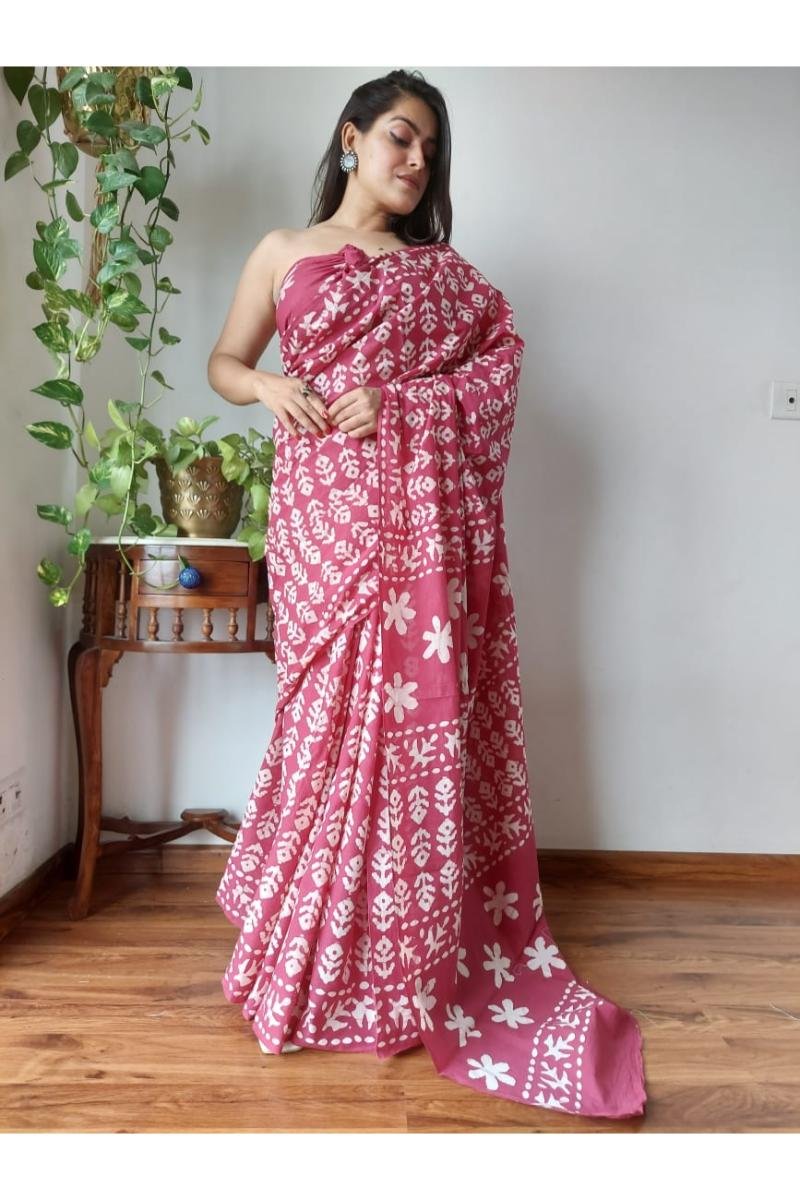 Pink Batik Print Mul Cotton Saree with Floral Batik Print