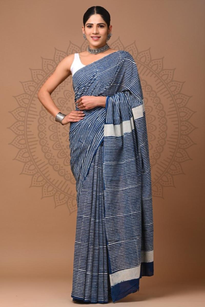 Blue Dabu Indigo Saree with Striped Indigo Print