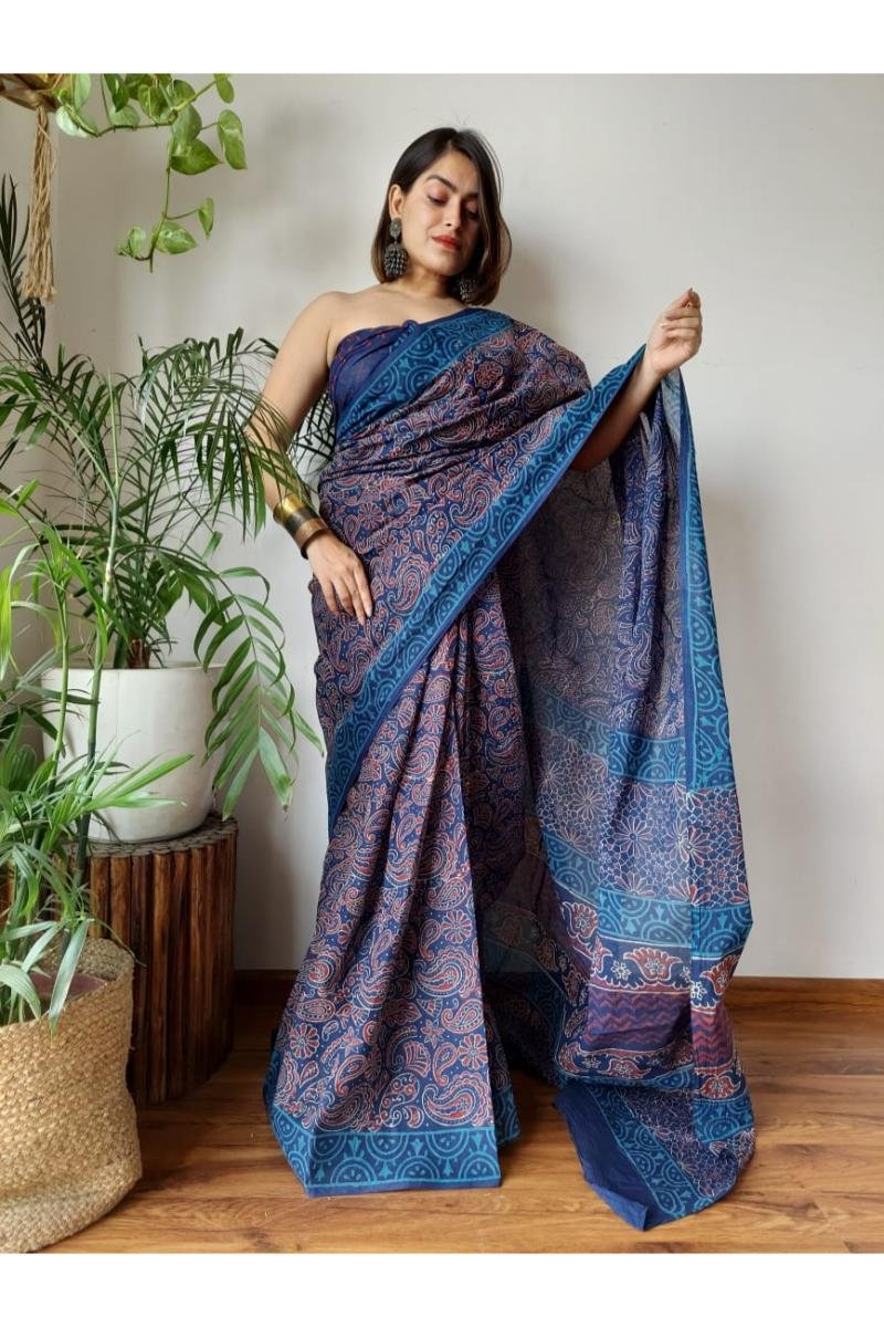 Blue Ajrakh Mul Cotton Saree with Paisley Ajrakh Print