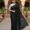 Black Black Khadi Cotton Saree with Solid Plain Dyed