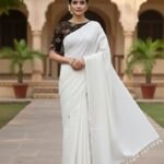 White White Khadi Cotton Saree with Solid Plain Dyed